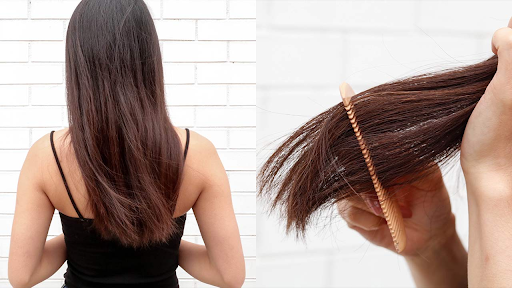 Woman showing hair from behind and combing through ends—visual of split ends hair before and after care.