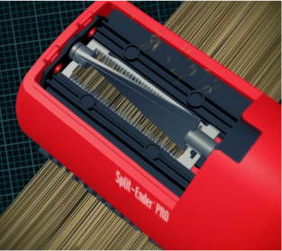 Splitender Pro parts diagram detailing split end cutting mechanism and ergonomic product features