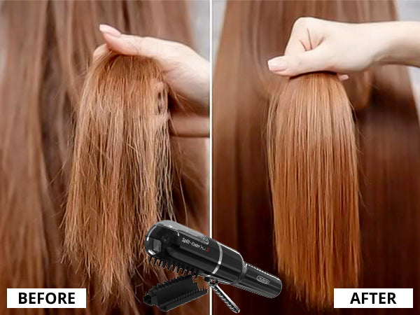 Side-by-side comparison of split ends before and after treatment with Mini 2