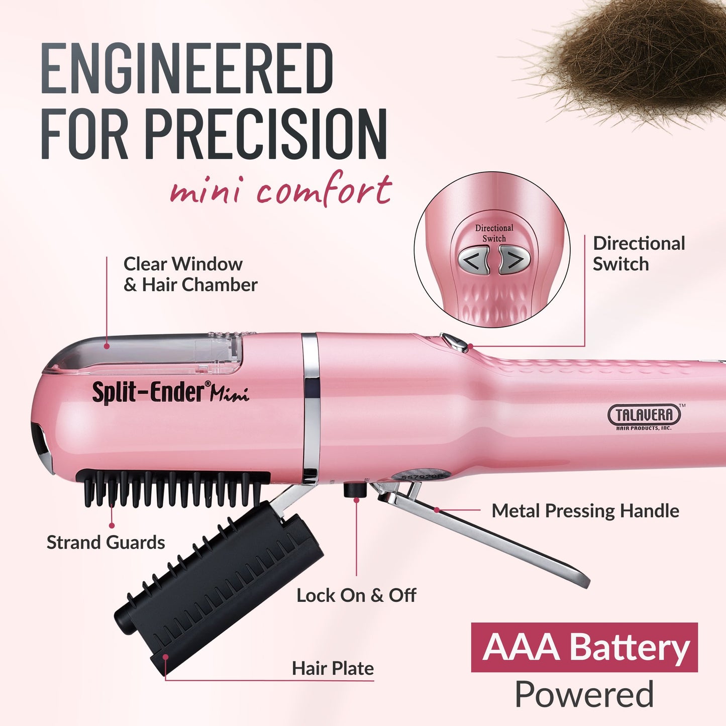 Split Ender Mini - Portable and Battery Operated (3 AAA), Automatic Split End Hair Trimmer, For Home Use - Light Pink