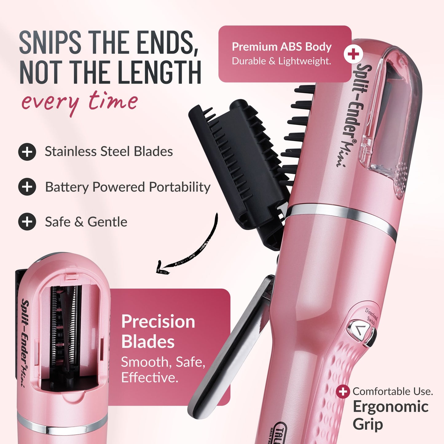 Split Ender Mini - Portable and Battery Operated (3 AAA), Automatic Split End Hair Trimmer, For Home Use - Light Pink