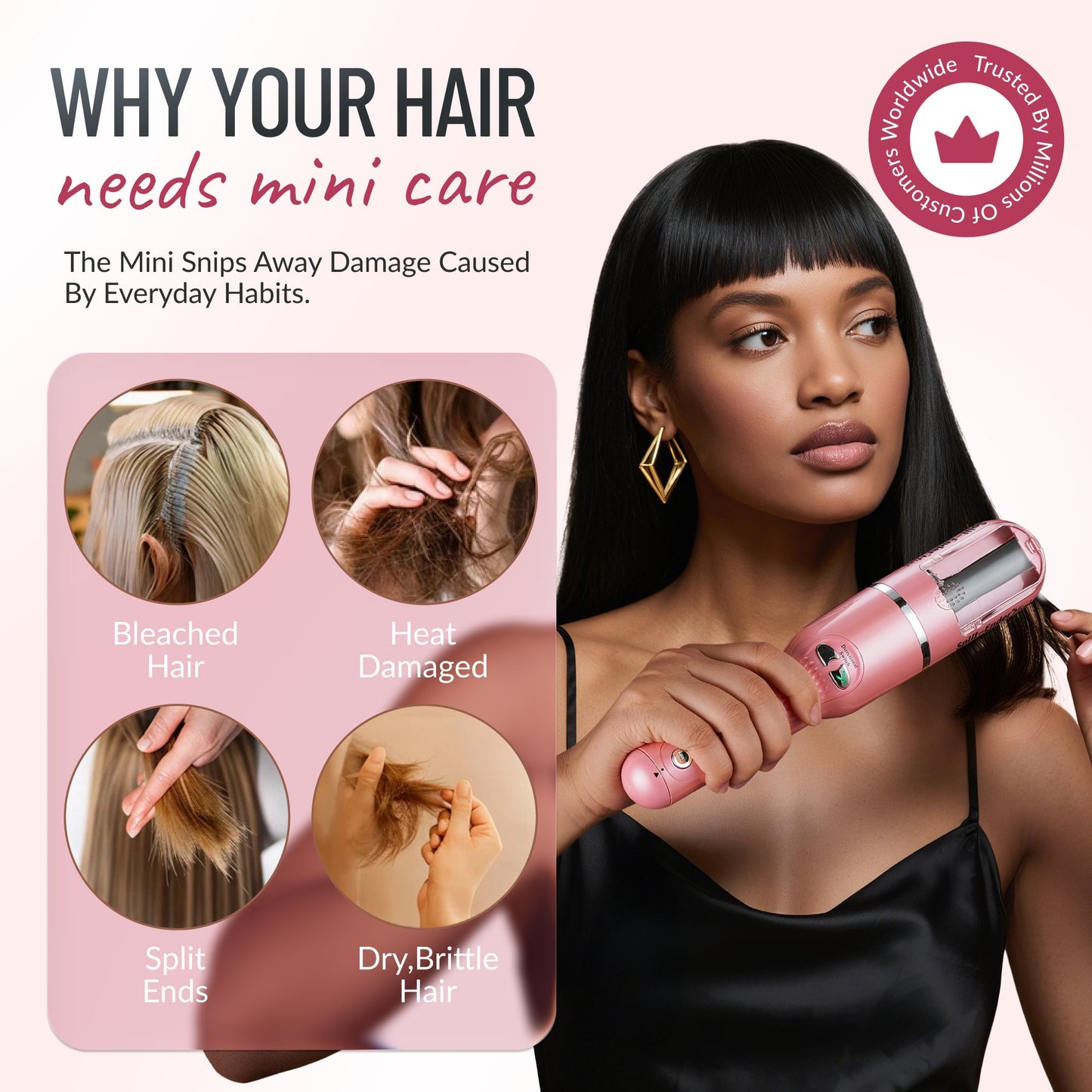 Split Ender Mini - Portable and Battery Operated (3 AAA), Automatic Split End Hair Trimmer, For Home Use - Light Pink