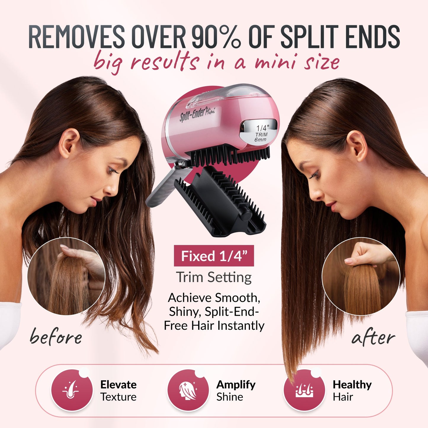 Split Ender Mini - Portable and Battery Operated (3 AAA), Automatic Split End Hair Trimmer, For Home Use - Light Pink